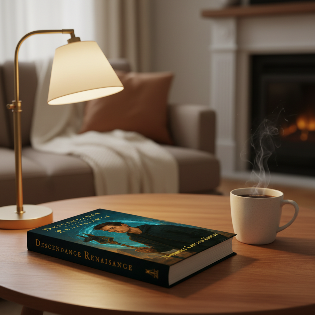 Livre Descendance Renaissance en situation de lecture - ambiance cosy